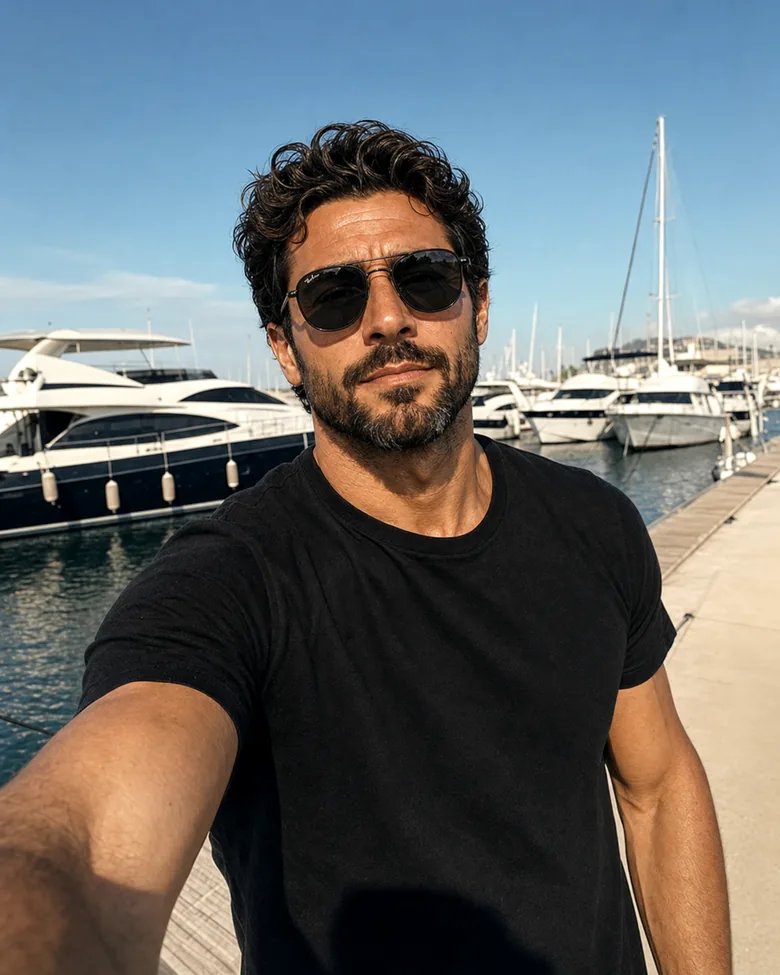 On a marina walkway with moored boats behind on a clear day.