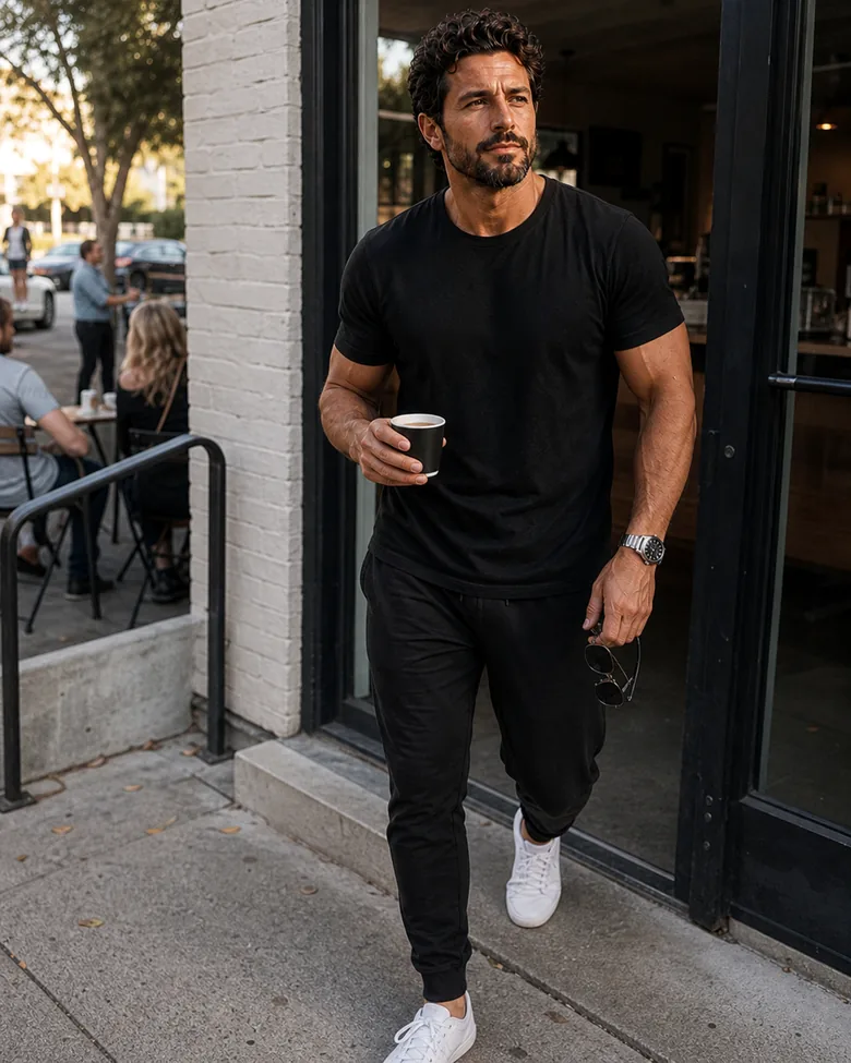 Leaving a corner café with an espresso, mid-morning, street tables behind.