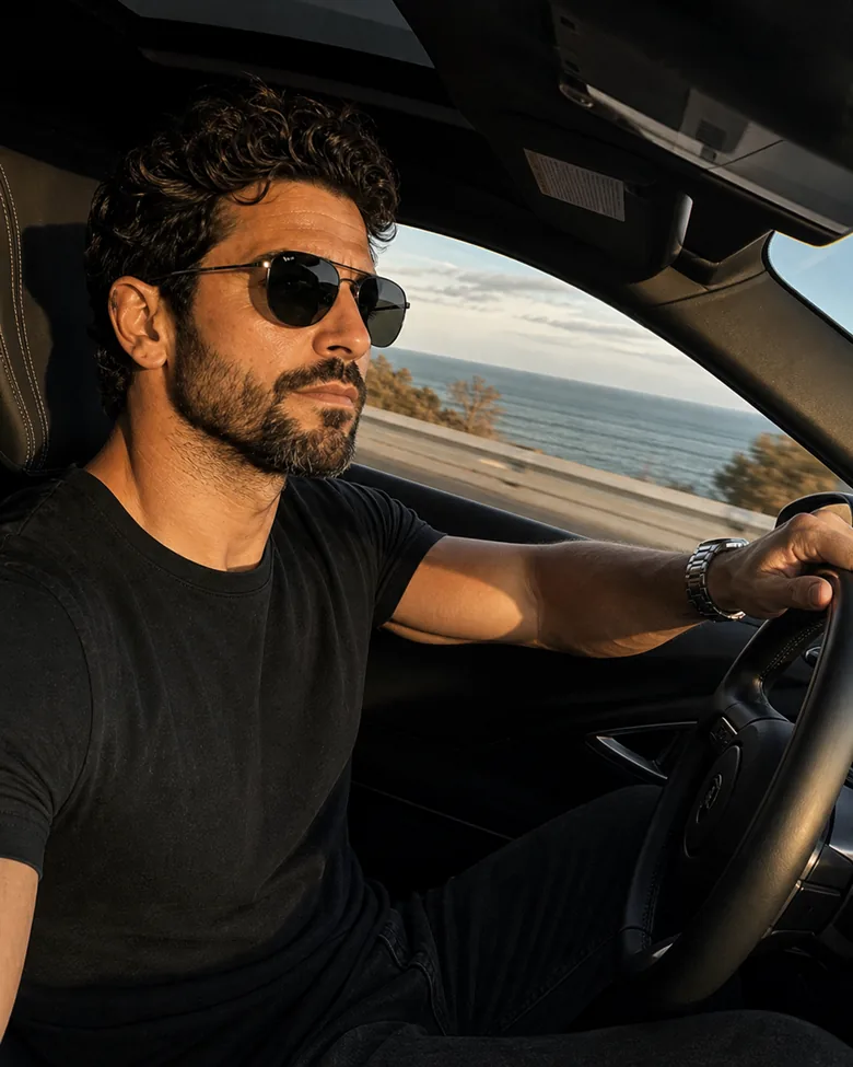 At the wheel on a coastal road, sunglasses on, water to the right of the windscreen.