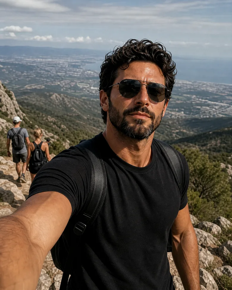 On a ridge trail above a coastal city, backpack on, haze over the bay.