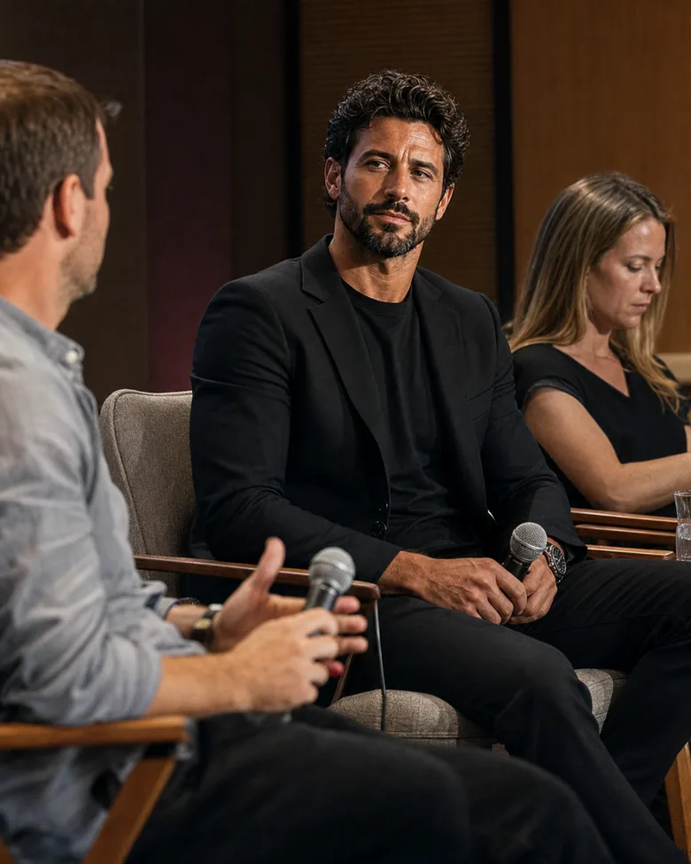 Seated on a panel with a microphone, two other speakers alongside.