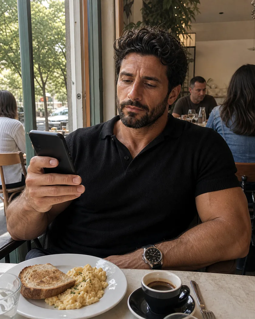 At a café table by a window, reading a phone over breakfast and coffee.
