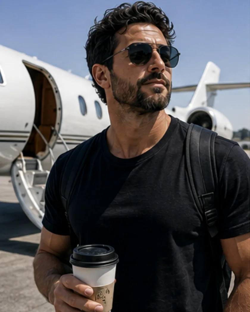 Boarding steps on the apron with a coffee in hand, aircraft door open.