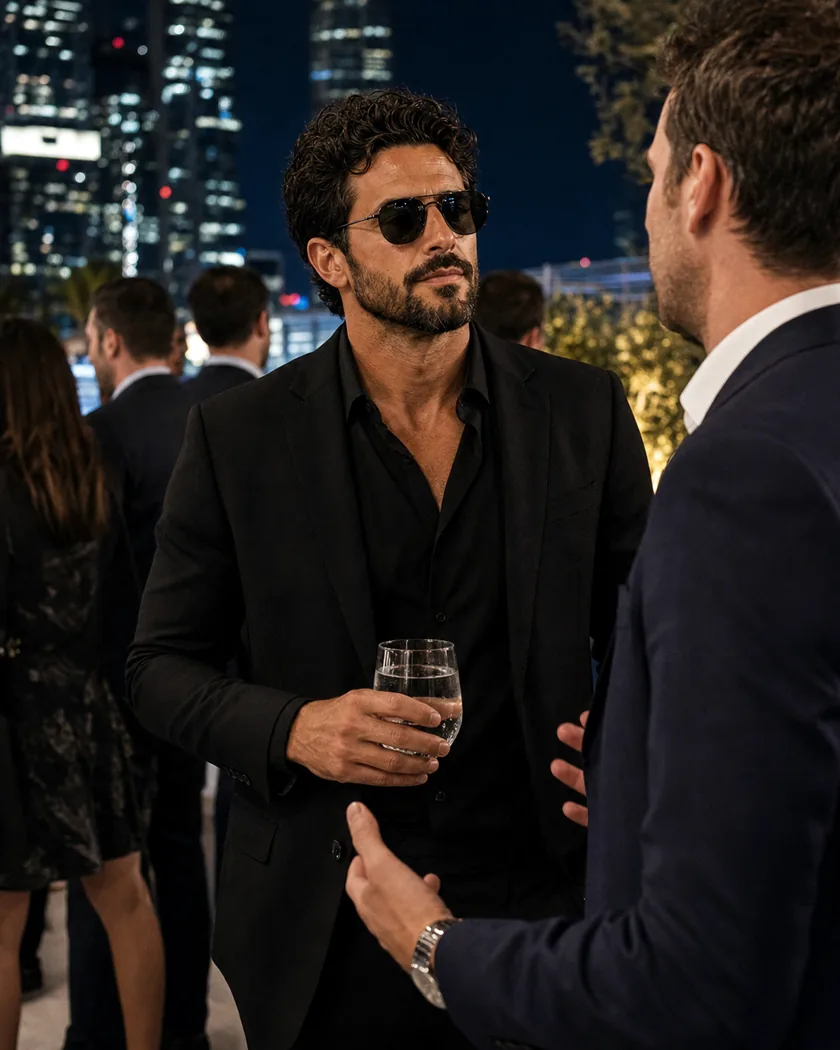 Talking with two other guests at a rooftop gathering after dark, city lights behind.