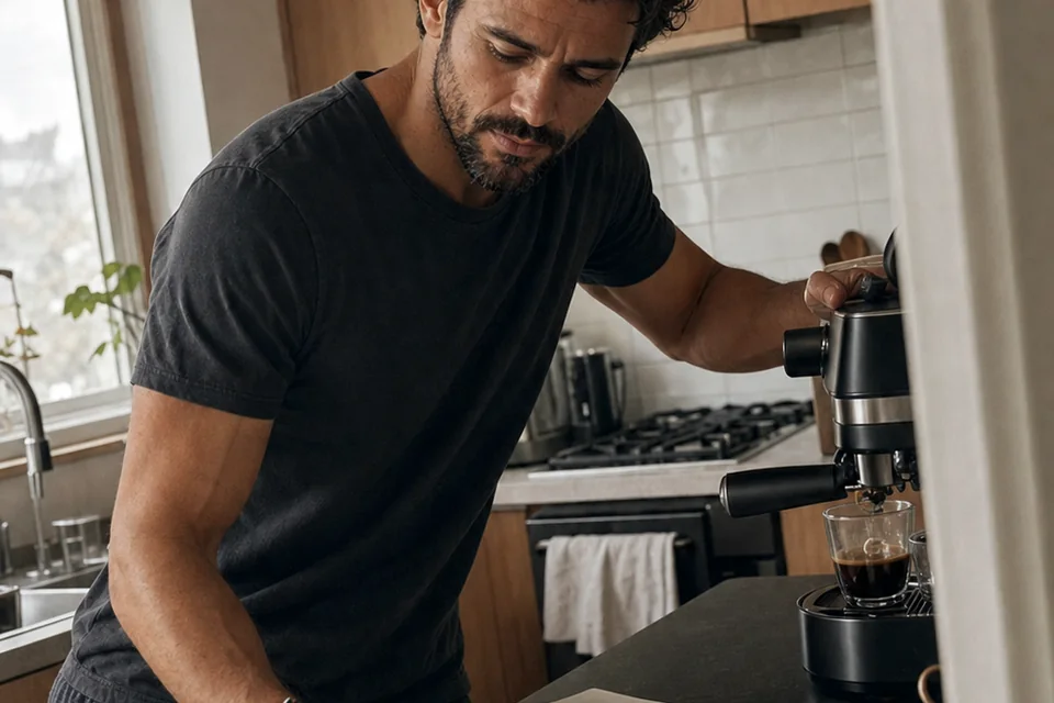 The Trenchlyfe author making espresso and writing in a notebook in a lived-in apartment kitchen.