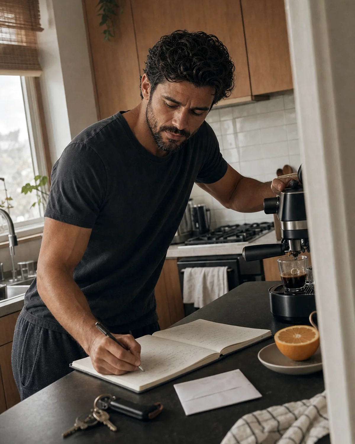 The Trenchlyfe author making espresso and writing in a notebook in a lived-in apartment kitchen.