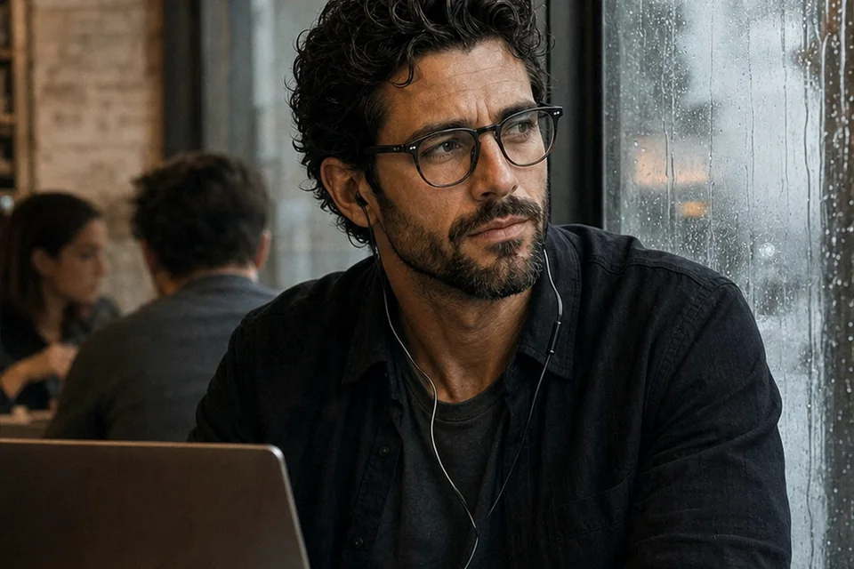 The Trenchlyfe author working beside a rain-streaked cafe window with a laptop and coffee.