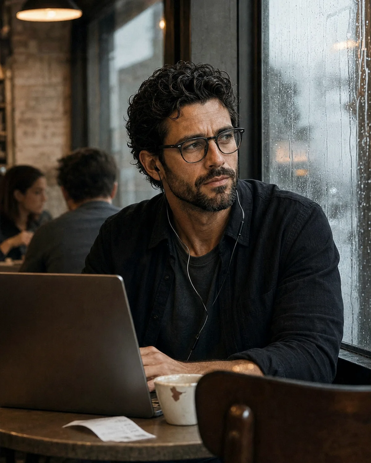 The Trenchlyfe author working beside a rain-streaked cafe window with a laptop and coffee.