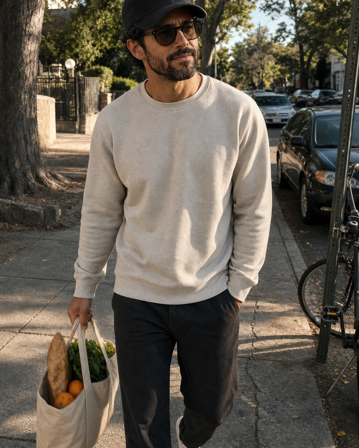 The Trenchlyfe author walking home on a neighborhood sidewalk with a canvas bag of groceries.