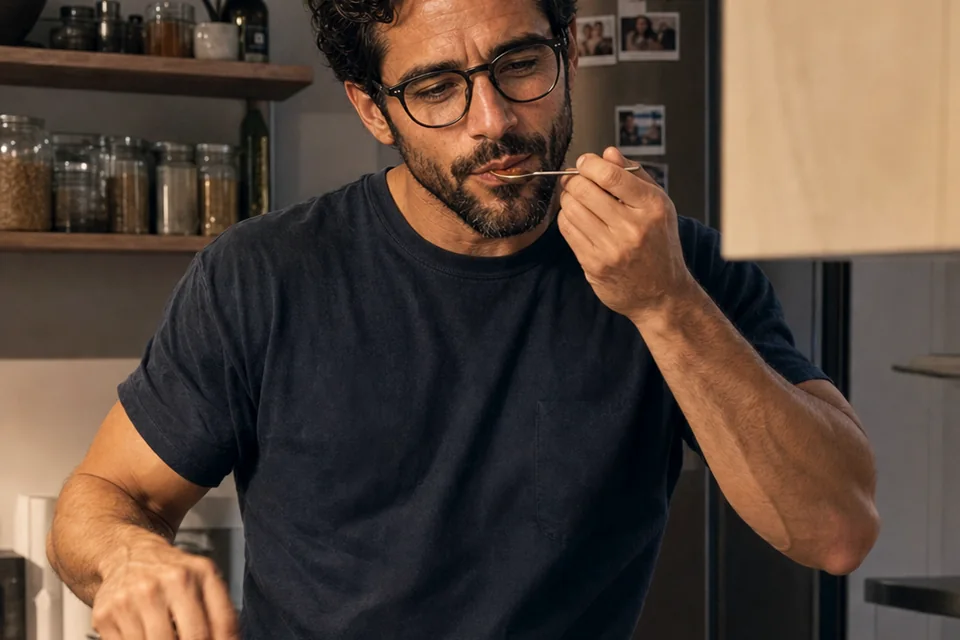 The Trenchlyfe author tasting pasta sauce while cooking in a modest apartment kitchen.