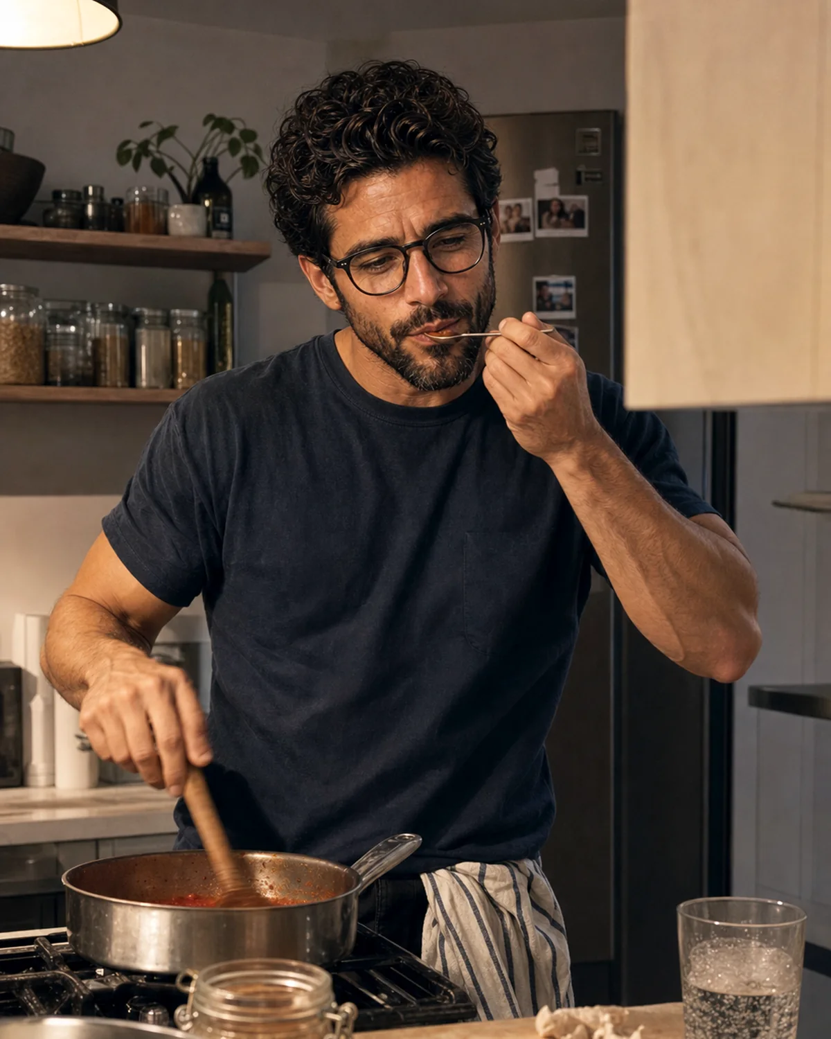 The Trenchlyfe author tasting pasta sauce while cooking in a modest apartment kitchen.