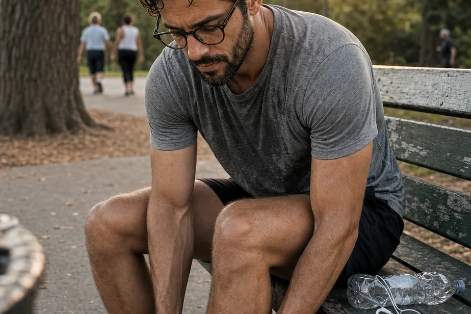 The Trenchlyfe author tying a running shoe on a weathered park bench after an evening run.