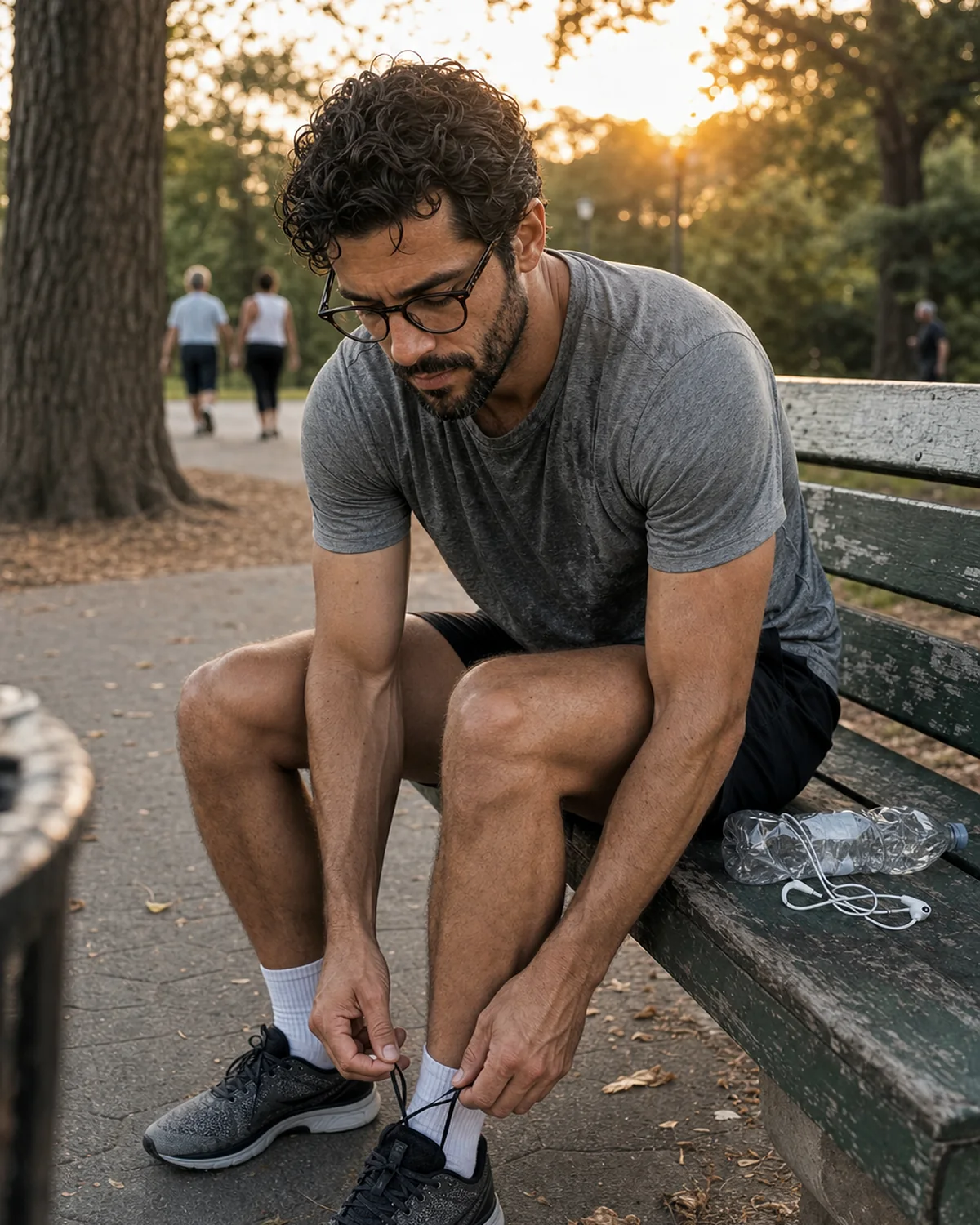 The Trenchlyfe author tying a running shoe on a weathered park bench after an evening run.