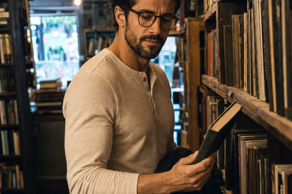 The Trenchlyfe author browsing a worn hardcover in a narrow used-bookstore aisle.