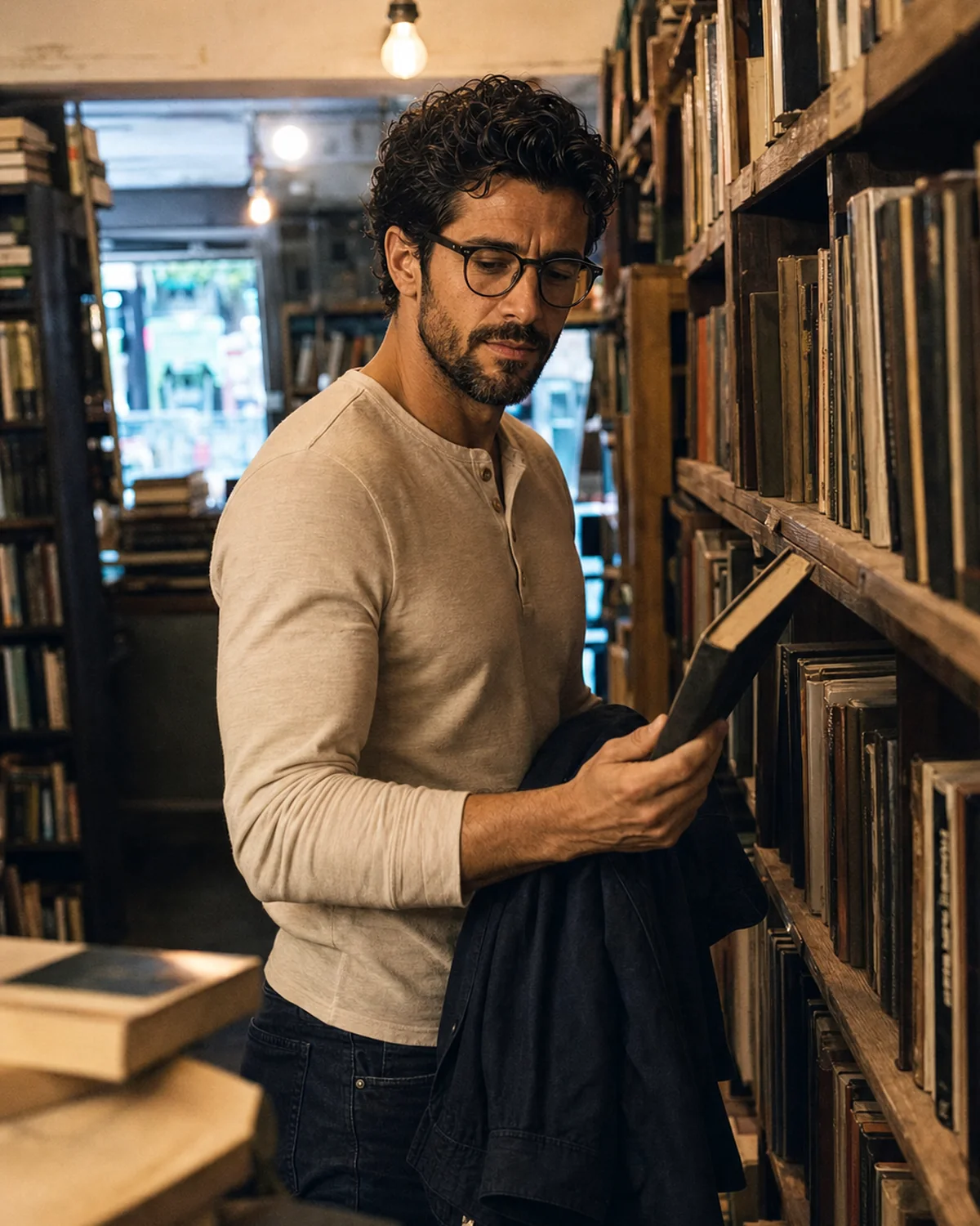The Trenchlyfe author browsing a worn hardcover in a narrow used-bookstore aisle.