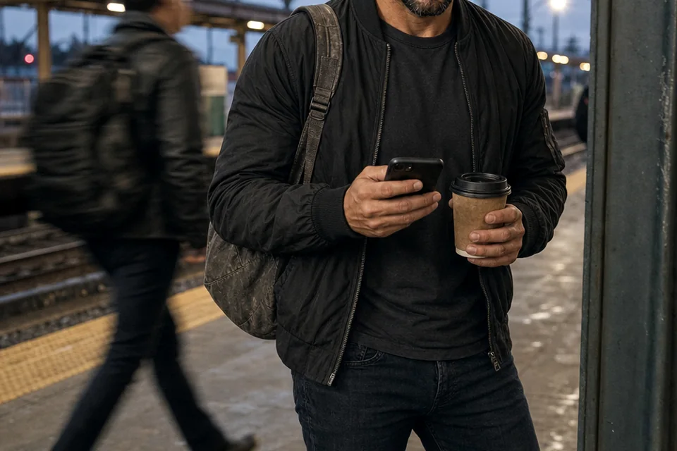 The Trenchlyfe author checking his phone with coffee in hand on an early-morning train platform.