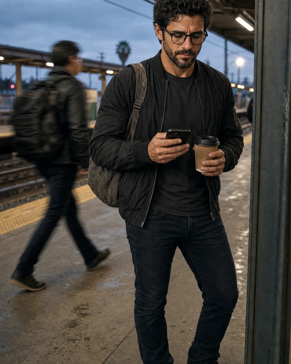 The Trenchlyfe author checking his phone with coffee in hand on an early-morning train platform.
