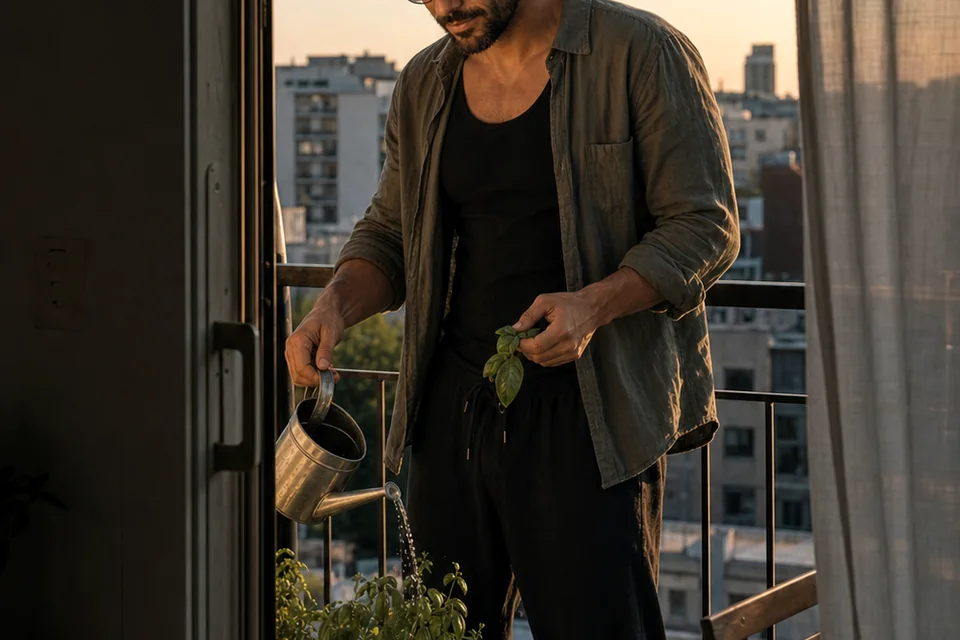 The Trenchlyfe author watering potted herbs on a small apartment balcony at sunset.