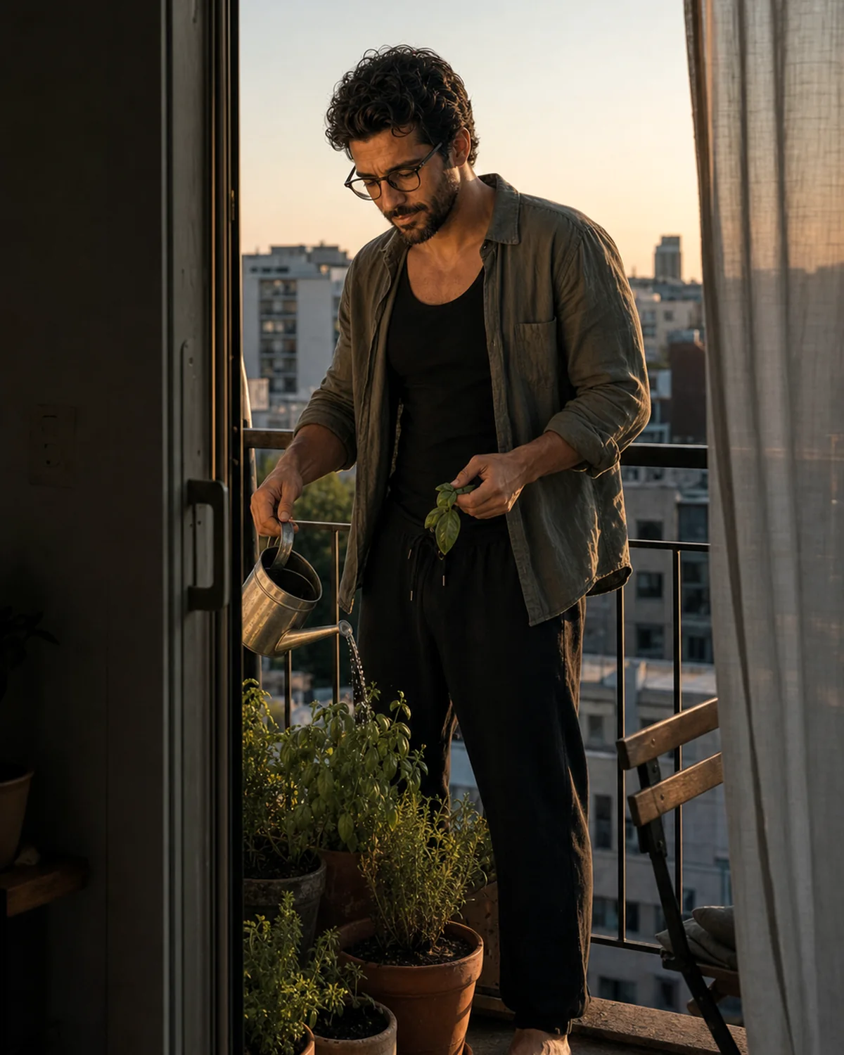 The Trenchlyfe author watering potted herbs on a small apartment balcony at sunset.