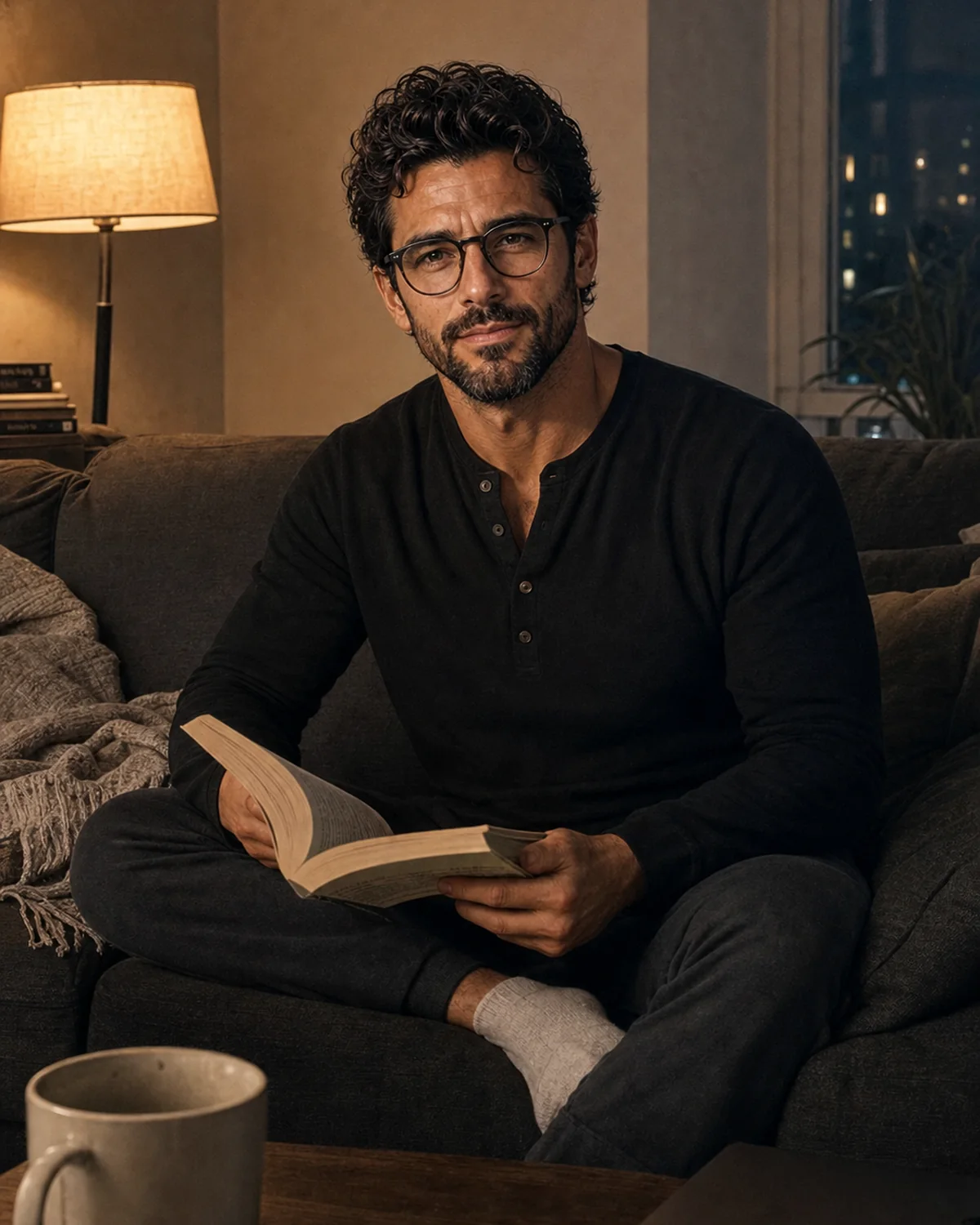 The Trenchlyfe author looking toward the camera while reading on a sofa beside a closed laptop.