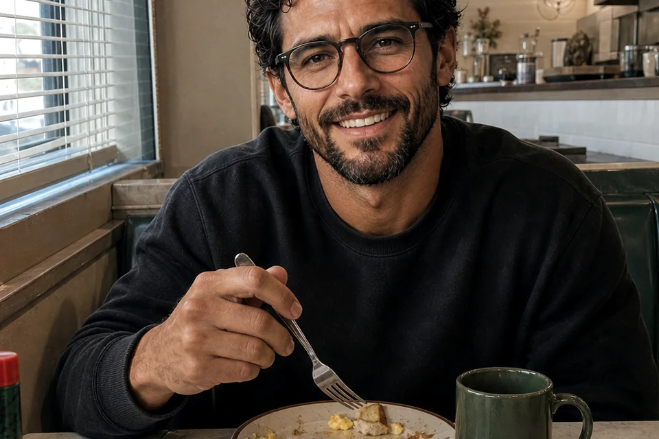 The Trenchlyfe author smiling at the camera over a casual diner breakfast with a friend.