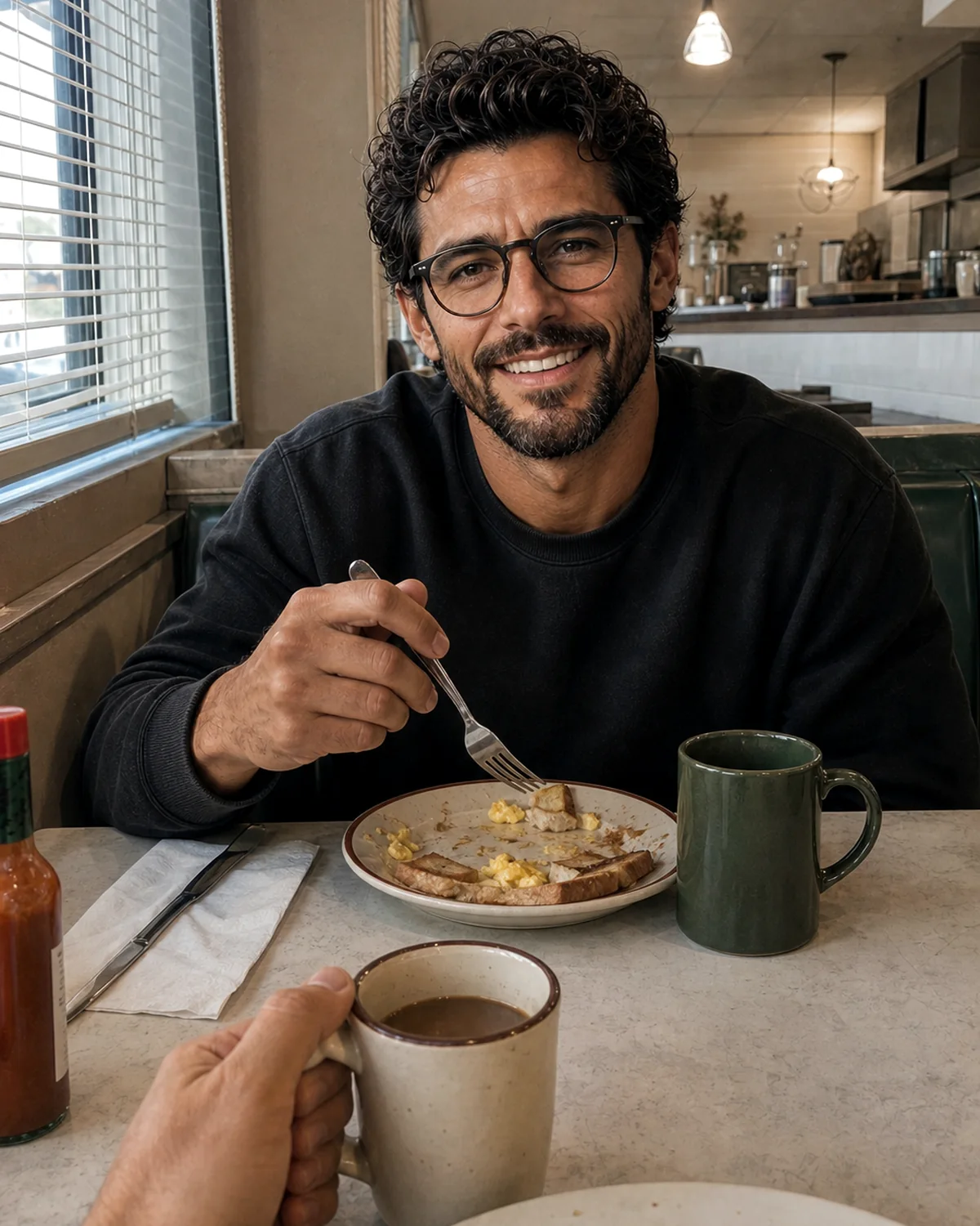 The Trenchlyfe author smiling at the camera over a casual diner breakfast with a friend.