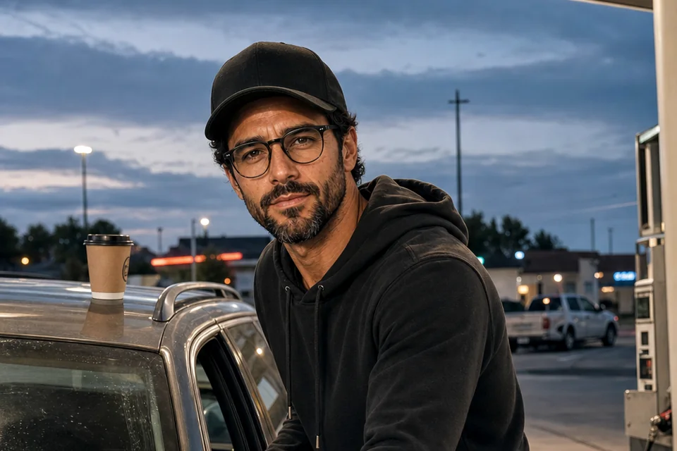 The Trenchlyfe author looking at the camera while leaning on his car at a gas station at dusk.