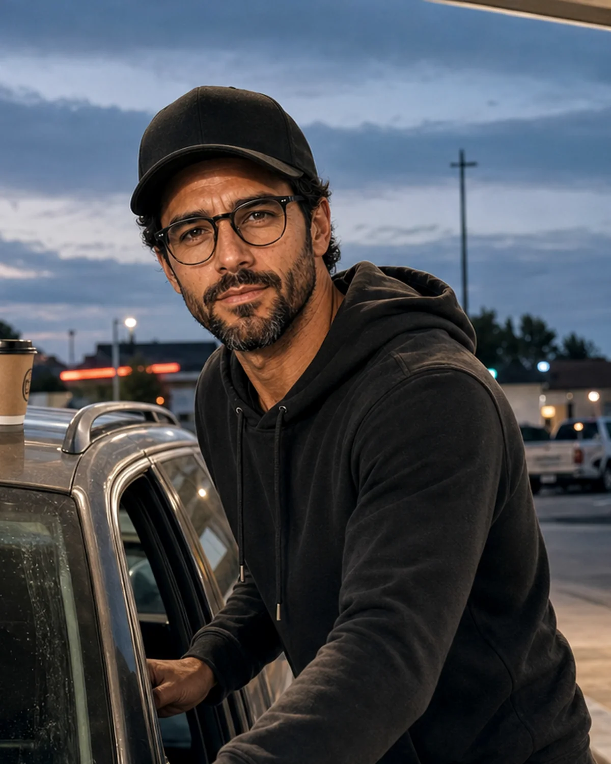 The Trenchlyfe author looking at the camera while leaning on his car at a gas station at dusk.