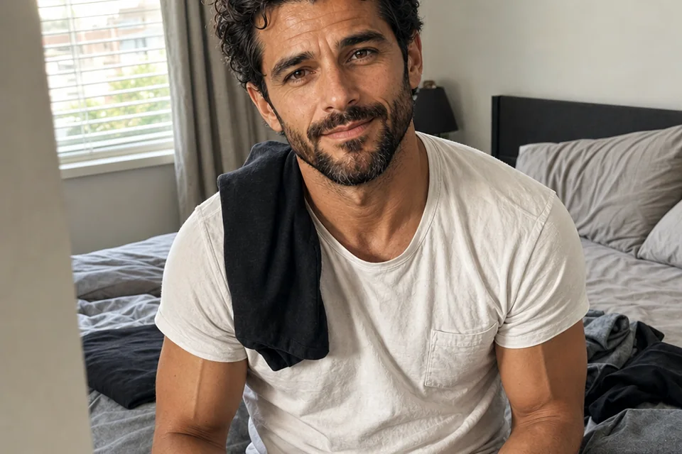 The Trenchlyfe author smiling toward the camera while folding dark clothes on an unmade bed.
