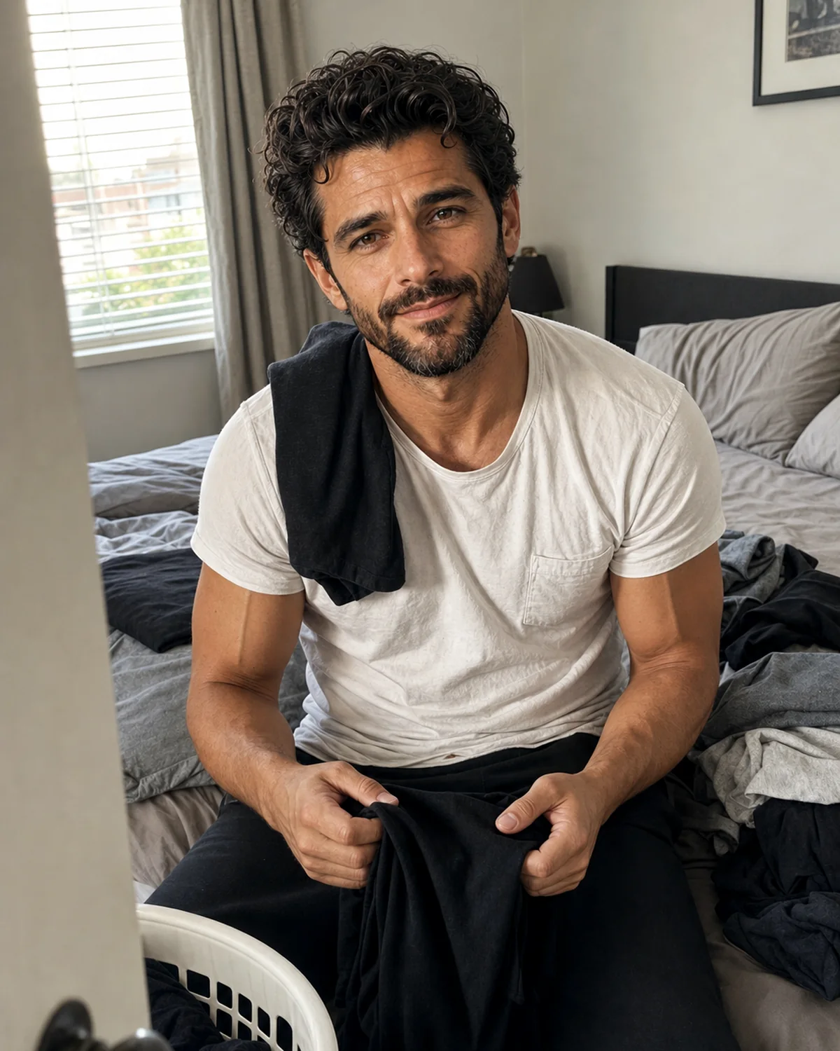 The Trenchlyfe author smiling toward the camera while folding dark clothes on an unmade bed.