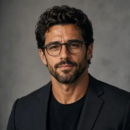 Portrait in a dark jacket and clear-framed glasses against a plain grey wall.